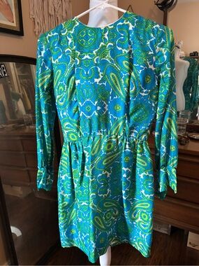 Vintage Handmade Vibrant Blue & Green Paisley Long-Sleeve Dress